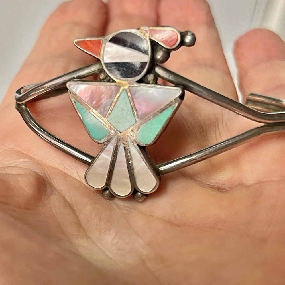 VTG Native American Zuni Sterling Thunderbird Cuff Bracelet Coral MOP Sz 5.5”
